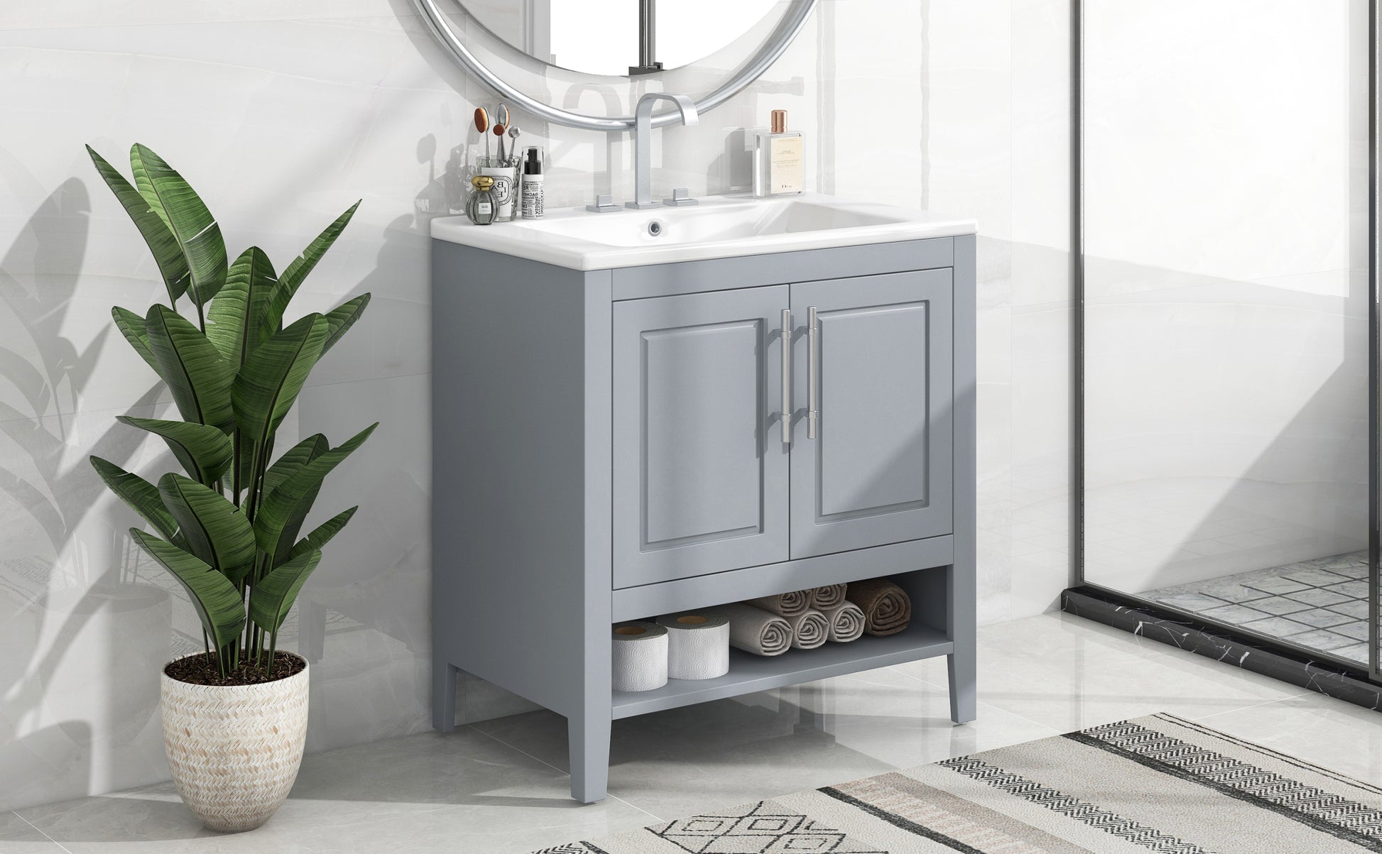 30" Bathroom Vanity With Sink, Multi Functional Bathroom Cabinet With Doors And Drawers, Solid Frame And Mdf Board, Grey Grey Solid Wood Mdf