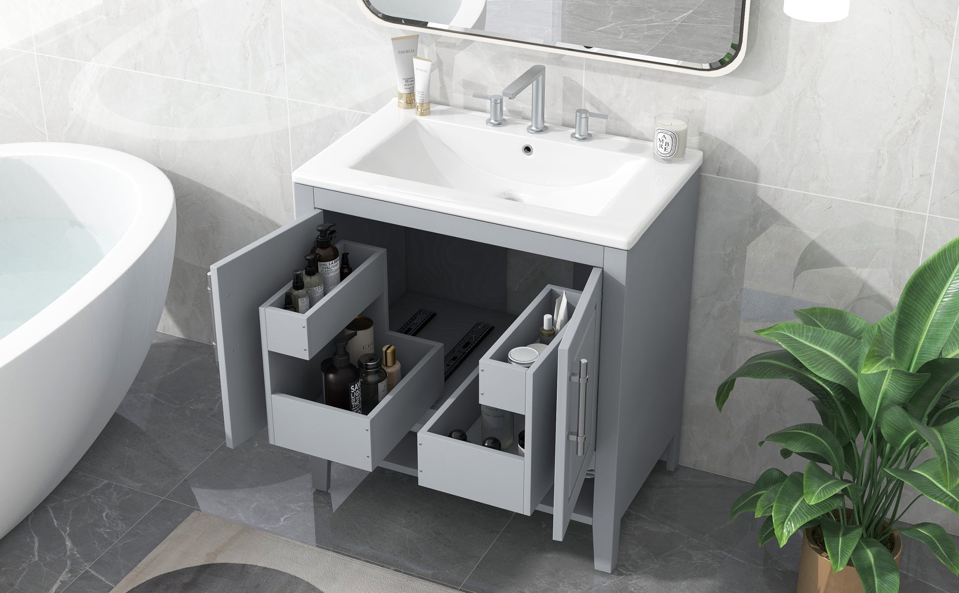 30" Bathroom Vanity With Sink, Multi Functional Bathroom Cabinet With Doors And Drawers, Solid Frame And Mdf Board, Grey Grey Solid Wood Mdf