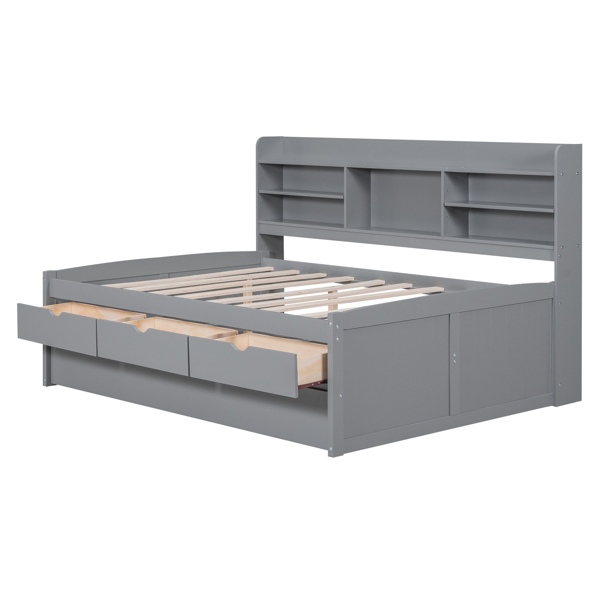 Full Size Wooden Captain Bed With Built In Bookshelves,Three Storage Drawers And Trundle,Light Grey Light Grey Solid Wood Mdf