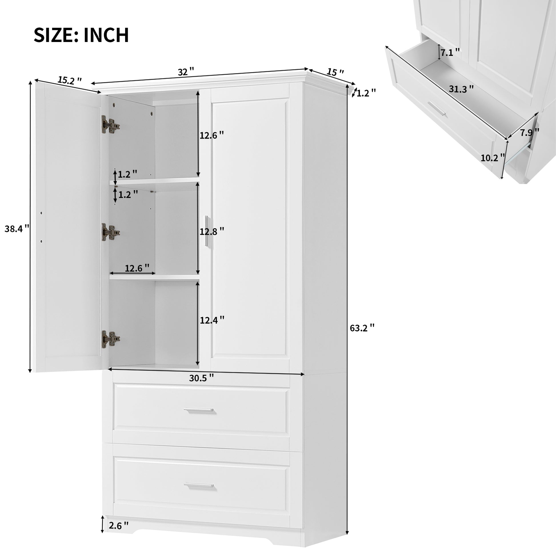 Tall Bathroom Storage Cabinet, Cabinet With Two Doors And Drawers, Adjustable Shelf, Mdf Board, White White Mdf