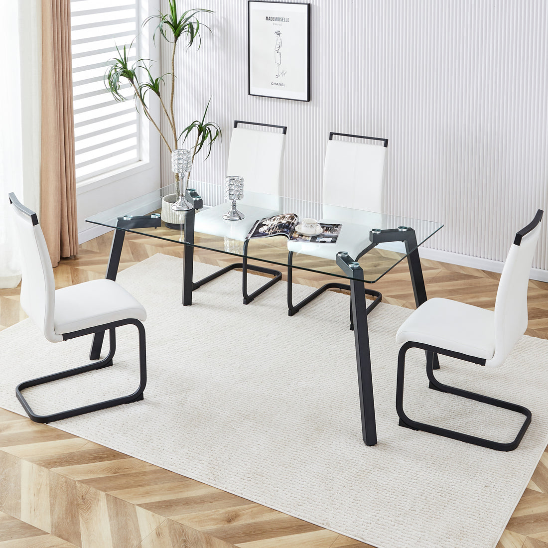 Table And Chair Set, 1 Table And 4 Chairs. Rectangular Glass Dining Table, 0.31 "Tempered Glass Tabletop And Black Coated Metal Legs. Paired With White Pu Black Leg Chairs. 1123 1162 Transparent Glass