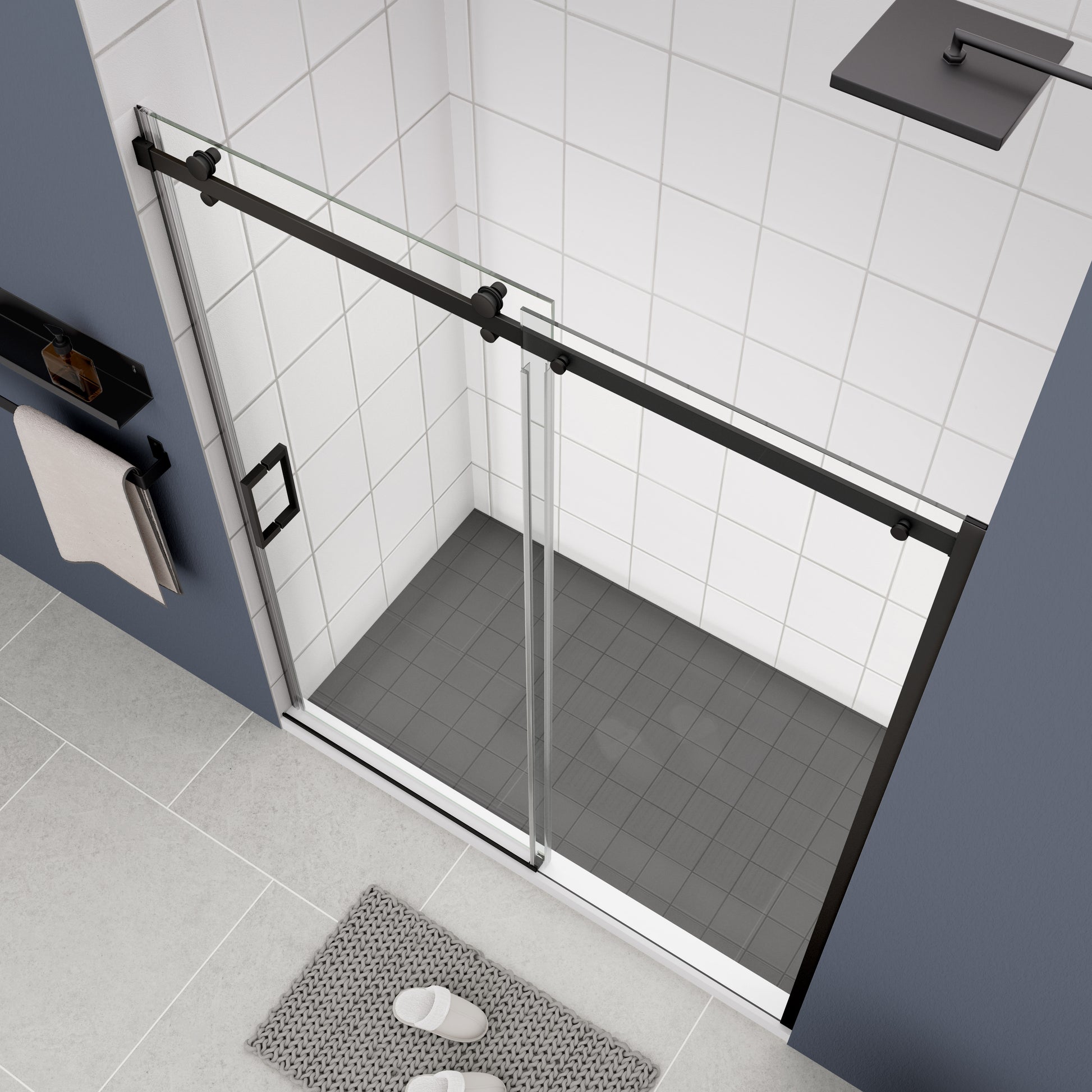 Glass Shower Door, Sliding Door, With 5 16" Tempered Glass And Matted Black Finish 5474 Matte Black Bathroom Aluminium Alloy