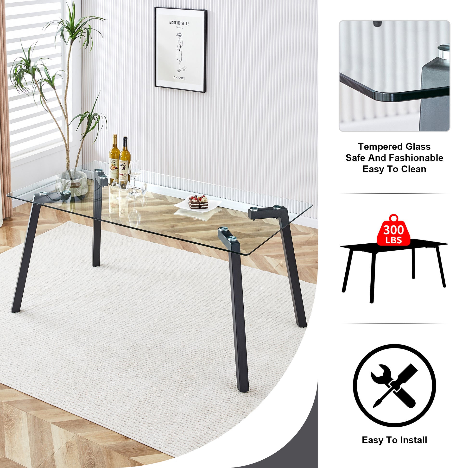 Modern Minimalist Rectangular Glass Dining Table With 0.31" Tempered Glass Tabletop And Black Coating Metal Legs, Writing Table Desk, For Kitchen Dining Living Room, 63" W X 35.4"D X 30" H 1123 Transparent Glass