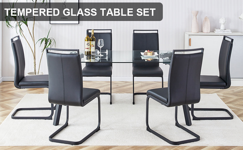 Table And Chair Set, 1 Table And 4 Chairs. Rectangular Glass Dining Table, 0.31 "Tempered Glass Tabletop And Black Coated Metal Legs. Paired With Black Pu Chairs. 1123 1162 Transparent Glass