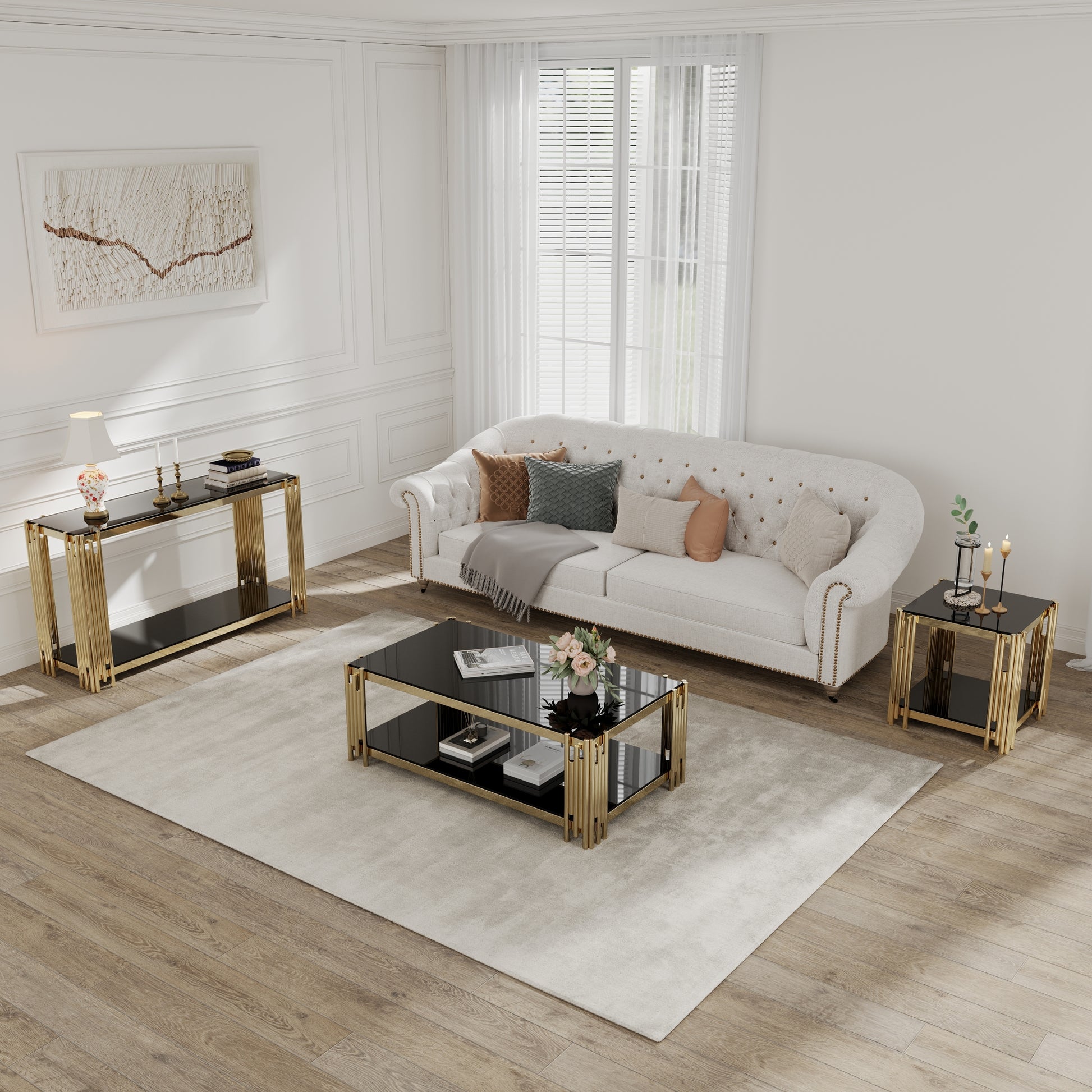 Modern Glass Console Table, 55" Gold Sofa Table With Sturdy Metal Frame And Black Tempered Glass Top, For Living Room Entryway Bedroom, Gold Finish Polished Golden Stainless Steel