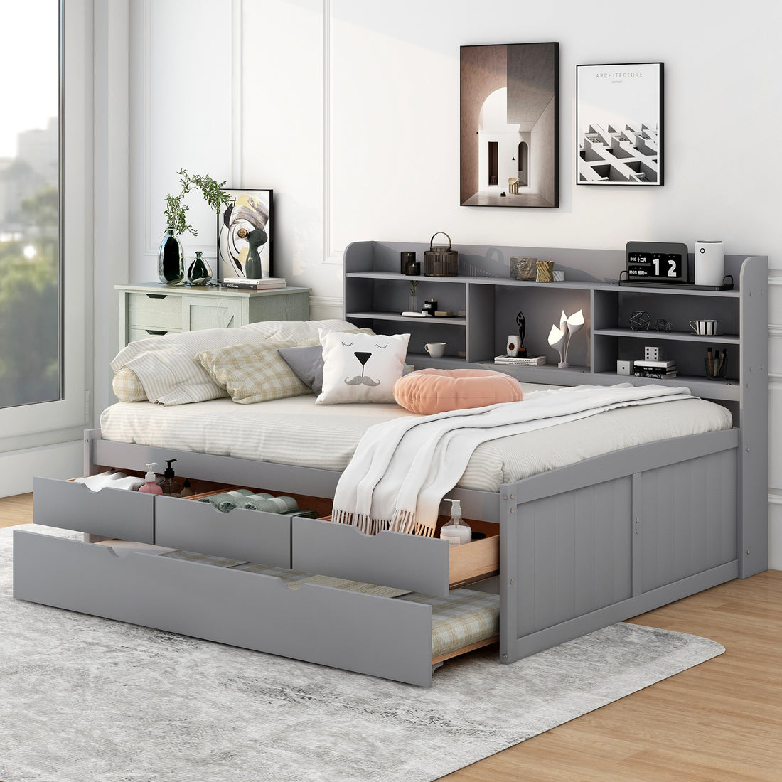 Full Size Wooden Captain Bed With Built In Bookshelves,Three Storage Drawers And Trundle,Light Grey Light Grey Solid Wood Mdf