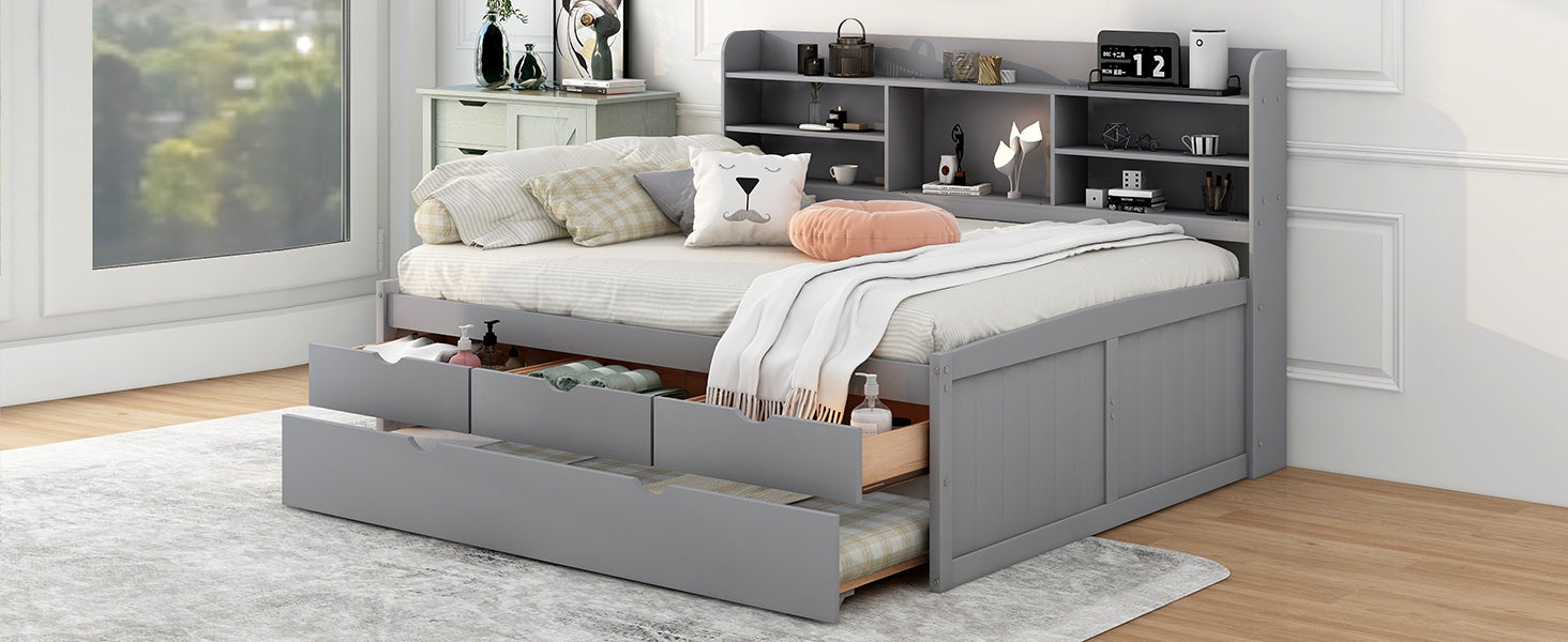 Full Size Wooden Captain Bed With Built In Bookshelves,Three Storage Drawers And Trundle,Light Grey Light Grey Solid Wood Mdf