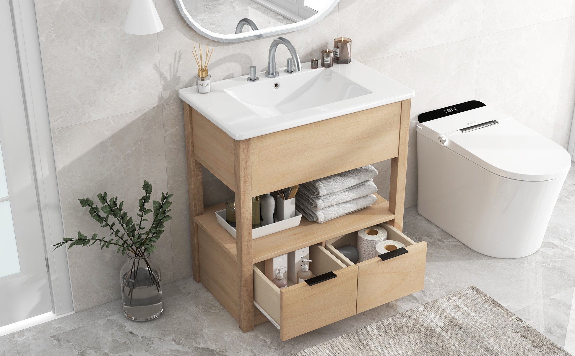 30" Bathroom Vanity With Sink Top, Bathroom Cabinet With Open Storage Shelf And Two Drawers, One Package, Natural Old Sku:Wf311619Aad Natural Solid Wood Mdf