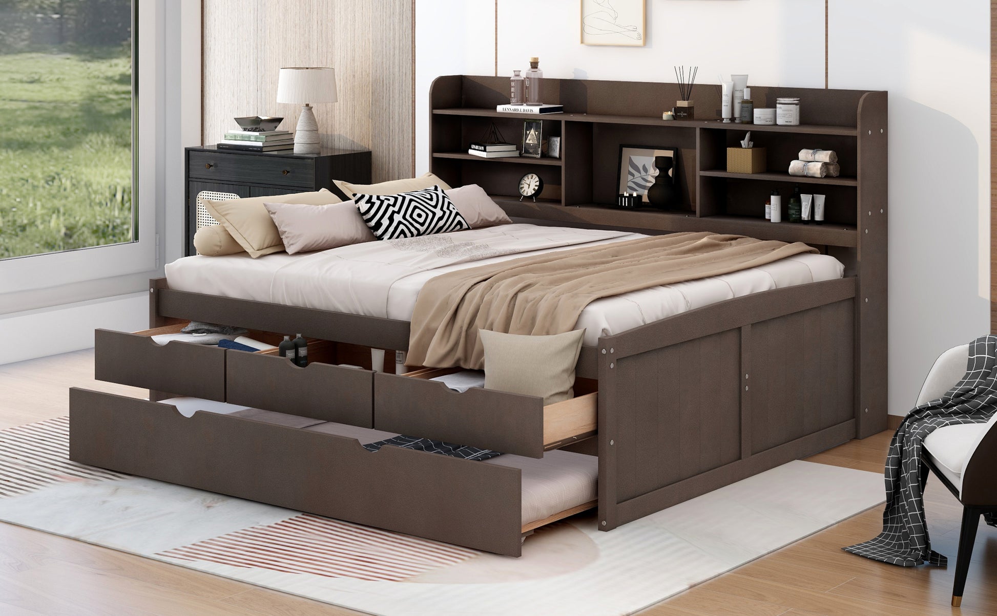 Full Size Wooden Captain Bed With Built In Bookshelves,Three Storage Drawers And Trundle,Antique Grey Antique Gray Solid Wood Mdf