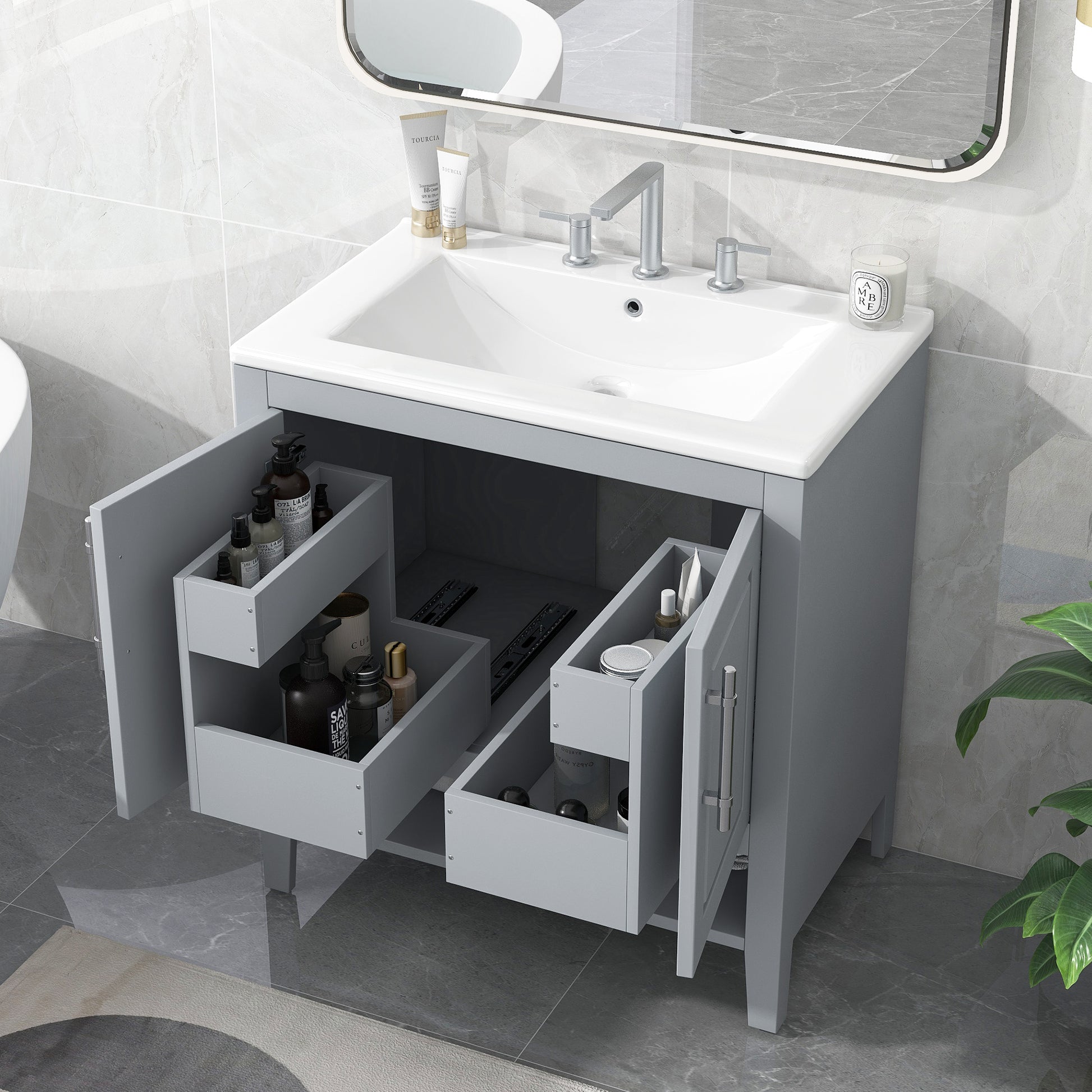 30" Bathroom Vanity With Sink, Multi Functional Bathroom Cabinet With Doors And Drawers, Solid Frame And Mdf Board, Grey Grey Solid Wood Mdf