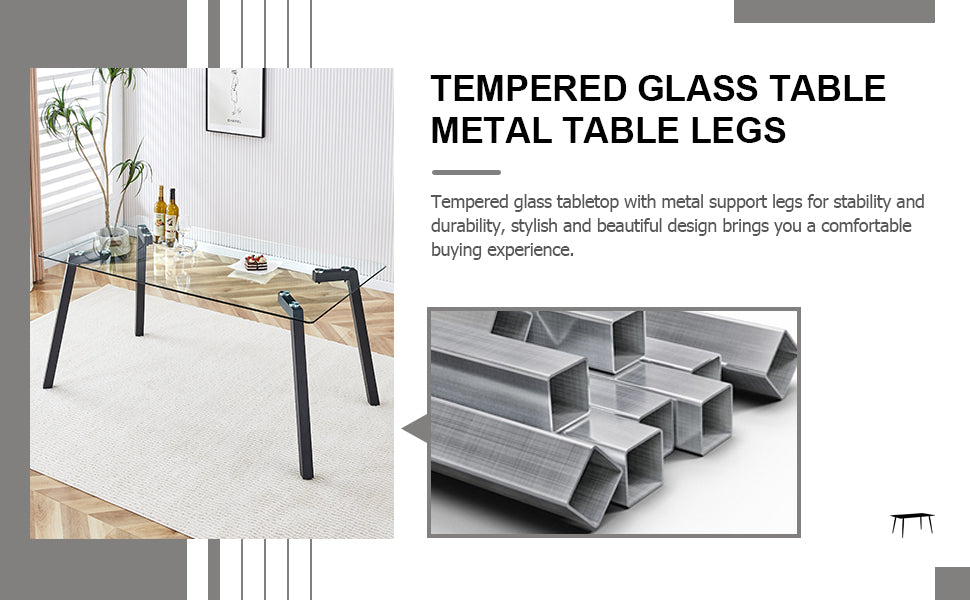 Table And Chair Set, 1 Table And 4 Chairs. Rectangular Glass Dining Table, 0.31 "Tempered Glass Tabletop And Black Coated Metal Legs. Paired With White Pu Black Leg Chairs. 1123 1162 Transparent Glass