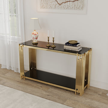 Modern Glass Console Table, 55" Gold Sofa Table With Sturdy Metal Frame And Black Tempered Glass Top, For Living Room Entryway Bedroom, Gold Finish Polished Golden Stainless Steel