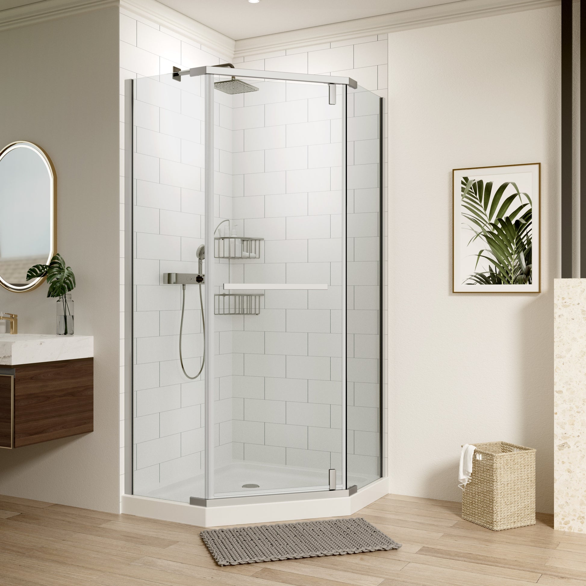 Pivot Shower Door, With 1 4" Tempered Glass34.75 In. X 72 In. Frameless Neo Angle Pivot Shower Enclosure In Chrome. Chrome Aluminium Alloy