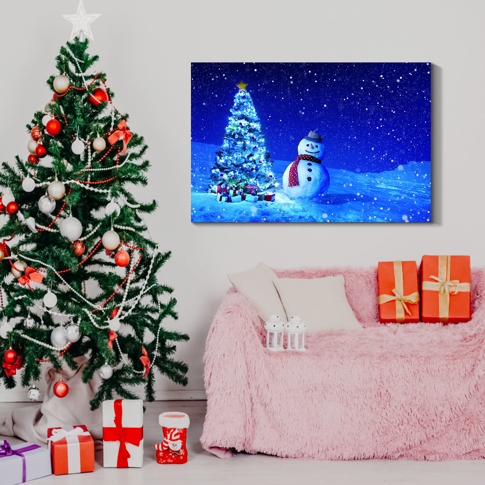 Framed Canvas Wall Art Decor Painting For Chrismas, Chrismas Tree With Cute Snowman Chrismas Gift Painting For Chrismas Gift, Decoration For Chrismas Eve Office Living Room, 2418In Thickness 1.5Inch Rectangle Framed Multicolor Christmas Oversized 41In