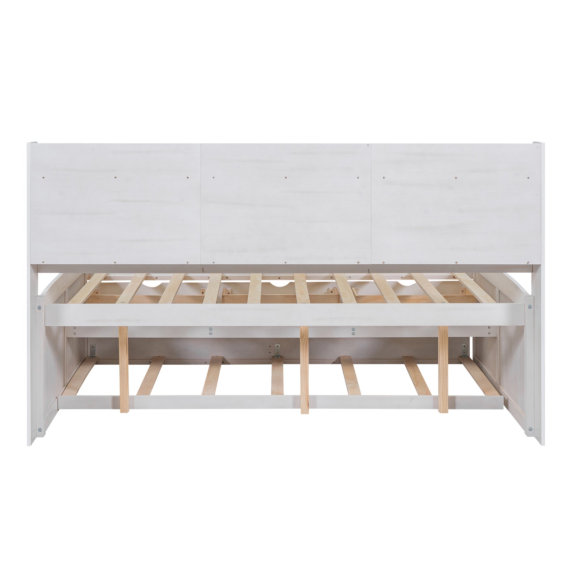 Full Size Wooden Captain Bed With Built In Bookshelves,Three Storage Drawers And Trundle,White Wash White Solid Wood Mdf