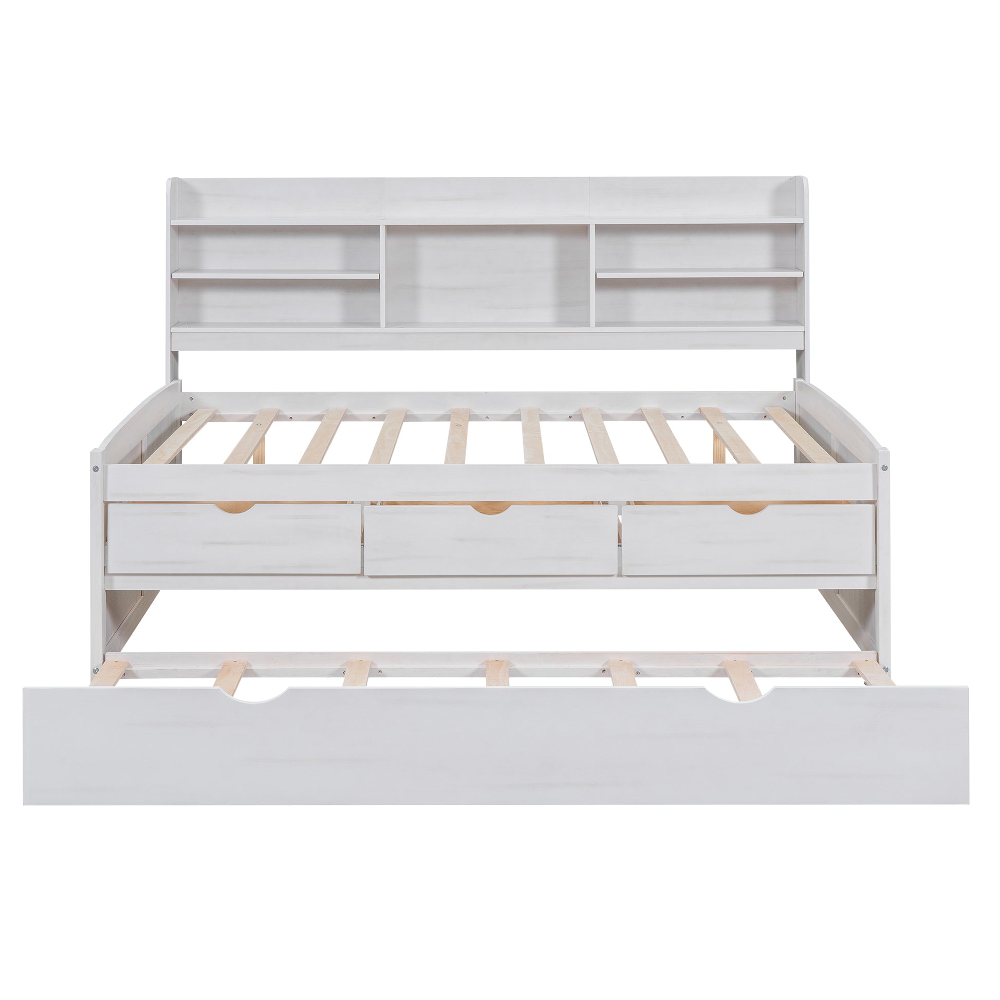 Full Size Wooden Captain Bed With Built In Bookshelves,Three Storage Drawers And Trundle,White Wash White Solid Wood Mdf