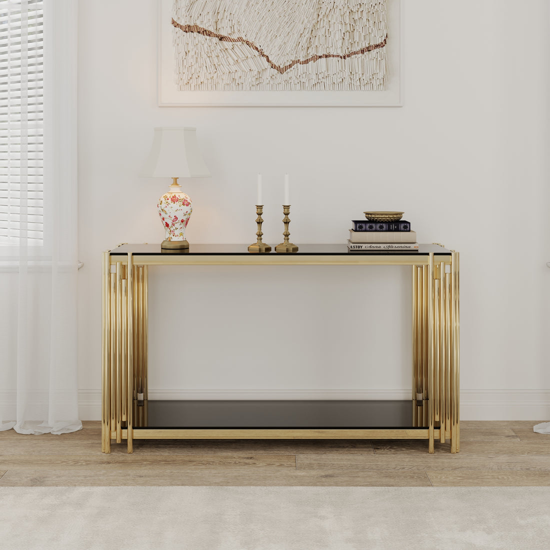 Modern Glass Console Table, 55" Gold Sofa Table With Sturdy Metal Frame And Black Tempered Glass Top, For Living Room Entryway Bedroom, Gold Finish Polished Golden Stainless Steel
