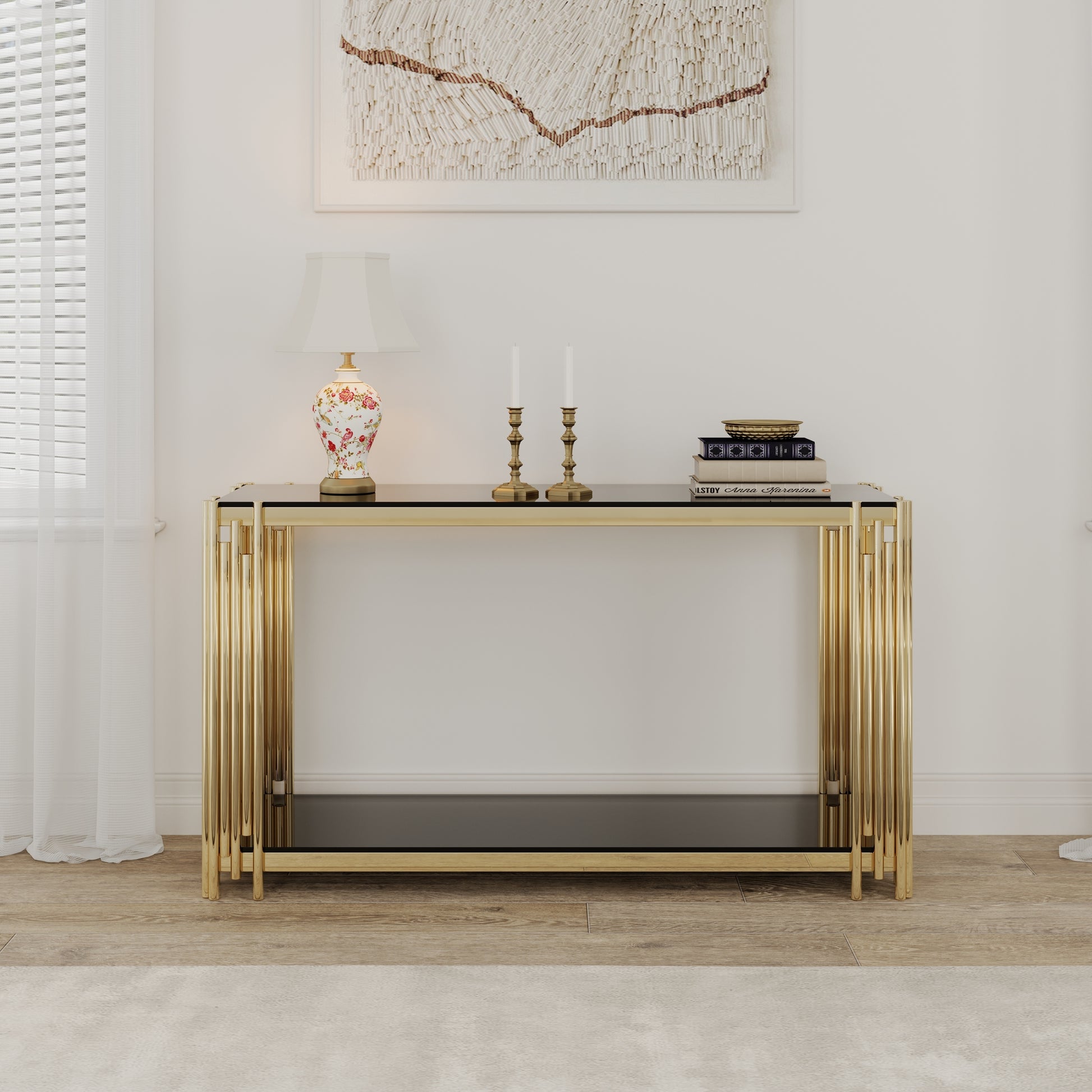 Modern Glass Console Table, 55" Gold Sofa Table With Sturdy Metal Frame And Black Tempered Glass Top, For Living Room Entryway Bedroom, Gold Finish Polished Golden Stainless Steel