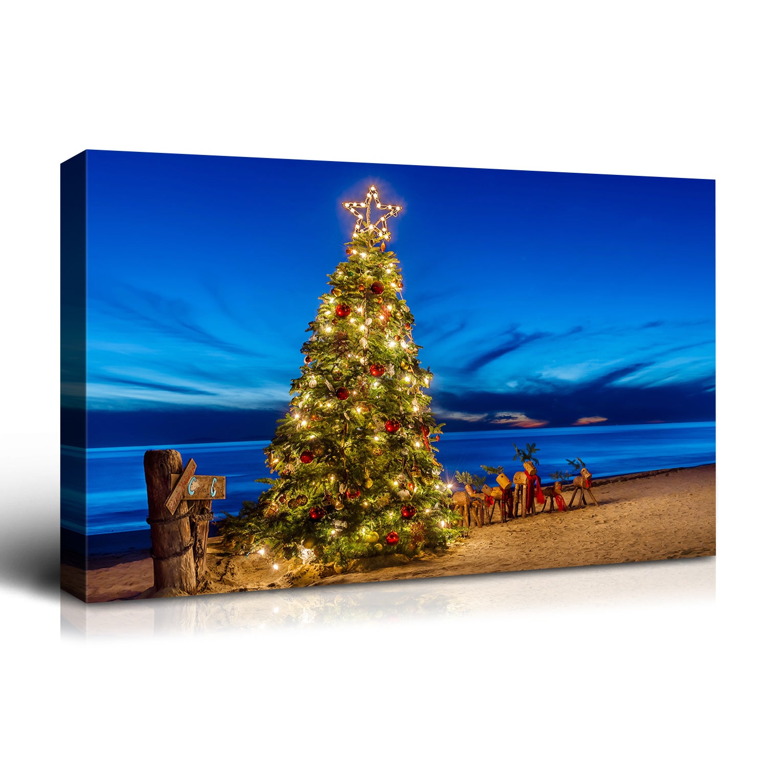 Framed Canvas Wall Art Decor Painting For Chrismas, Chrismas Tree On Seaside Chrismas Gift Painting For Chrismas Gift, Decoration For Chrismas Eve Office Living Room, Bedroom Decor Ready To Han Rectangle Framed Multicolor Christmas Oversized 41In Canvas