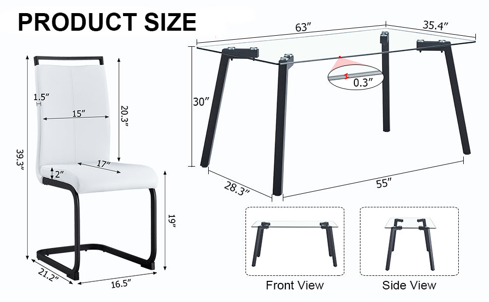 Table And Chair Set, 1 Table And 4 Chairs. Rectangular Glass Dining Table, 0.31 "Tempered Glass Tabletop And Black Coated Metal Legs. Paired With White Pu Black Leg Chairs. 1123 1162 Transparent Glass