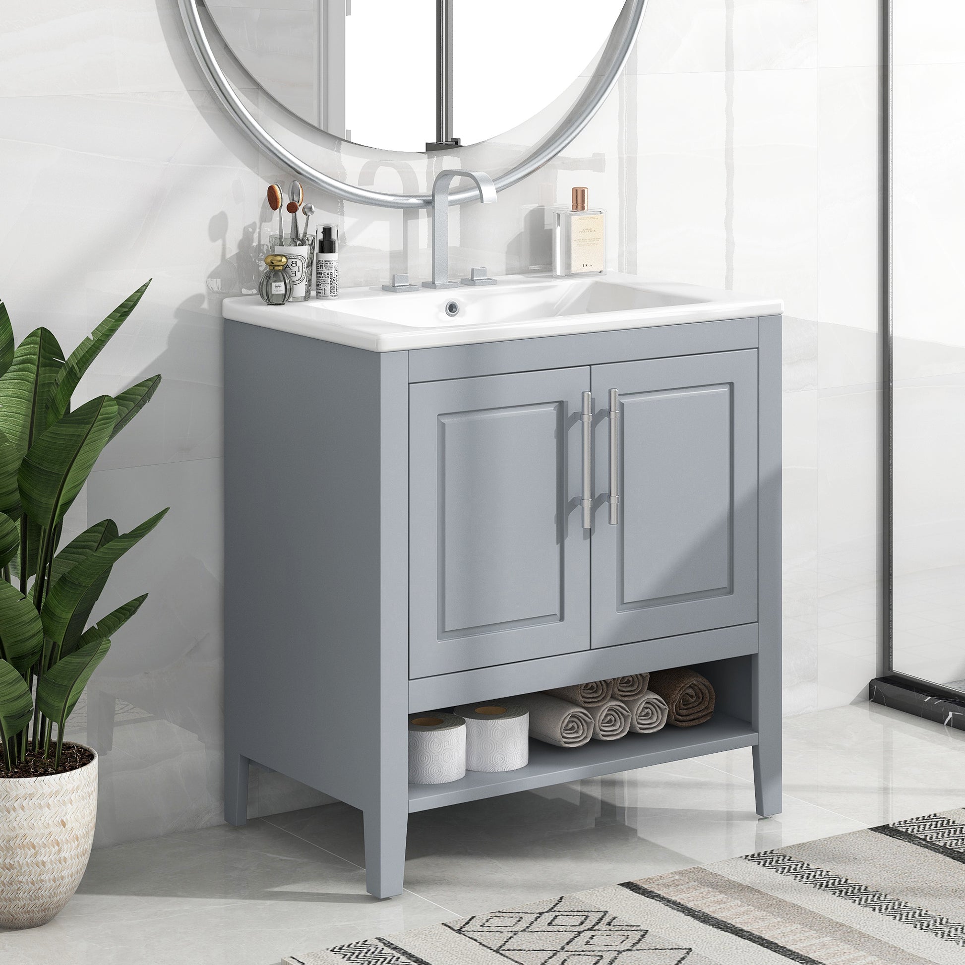 30" Bathroom Vanity With Sink, Multi Functional Bathroom Cabinet With Doors And Drawers, Solid Frame And Mdf Board, Grey Grey Solid Wood Mdf