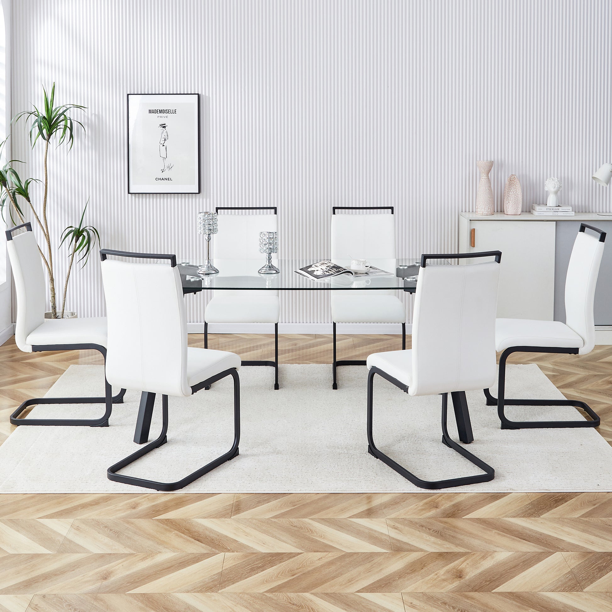 Table And Chair Set, 1 Table And 4 Chairs. Rectangular Glass Dining Table, 0.31 "Tempered Glass Tabletop And Black Coated Metal Legs. Paired With White Pu Black Leg Chairs. 1123 1162 Transparent Glass