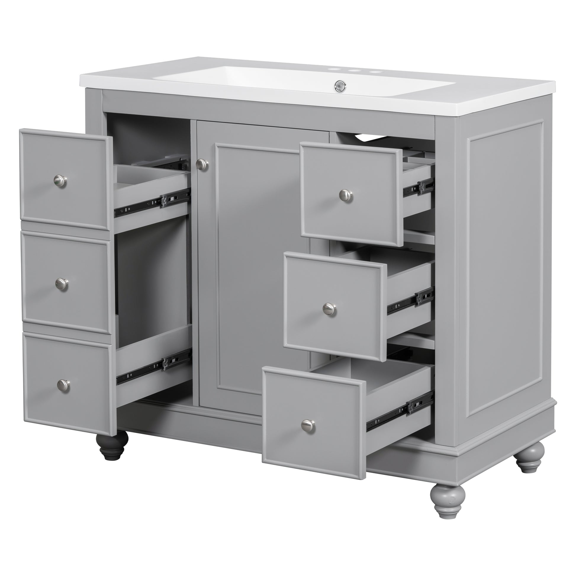 Contemporary Gray Bathroom Vanity Cabinet 36X18X34 Inches, 4 Drawers & 1 Cabinet Door, Multipurpose Storage, Resin Integrated Sink, Adjustable Shelves, Solid Wood Frame With Mdf Gray Modern Solid Wood Mdf Resin