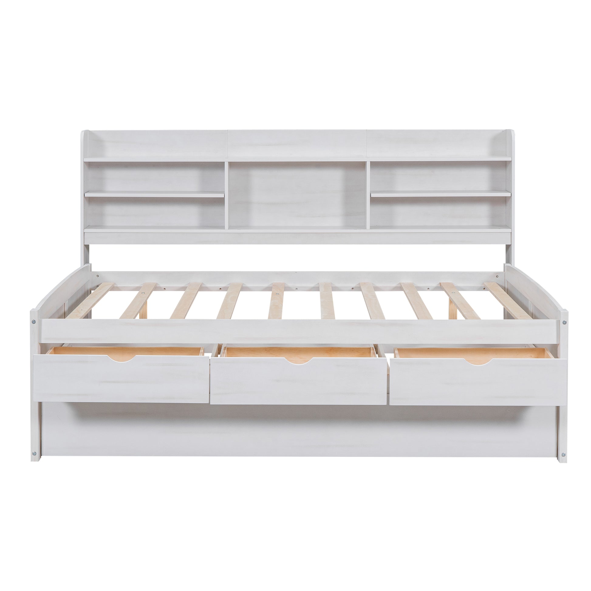 Full Size Wooden Captain Bed With Built In Bookshelves,Three Storage Drawers And Trundle,White Wash White Solid Wood Mdf