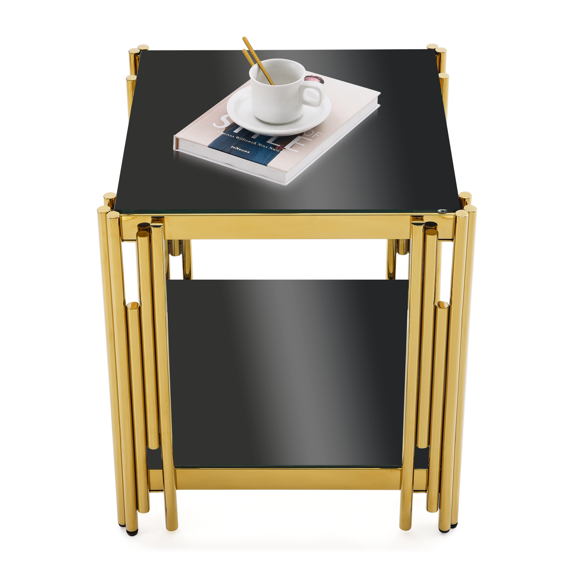 20" Wide Square End Table With Black Glass Top, Golden Stainless Steel Tempered Glass End Table For Living Room&Bed Room Polished Golden Stainless Steel