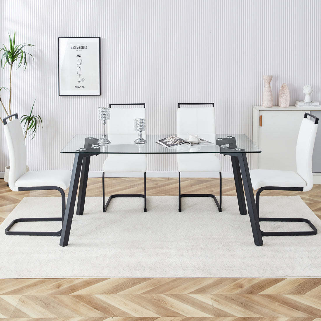 Table And Chair Set, 1 Table And 4 Chairs. Rectangular Glass Dining Table, 0.31 "Tempered Glass Tabletop And Black Coated Metal Legs. Paired With White Pu Black Leg Chairs. 1123 1162 Transparent Glass