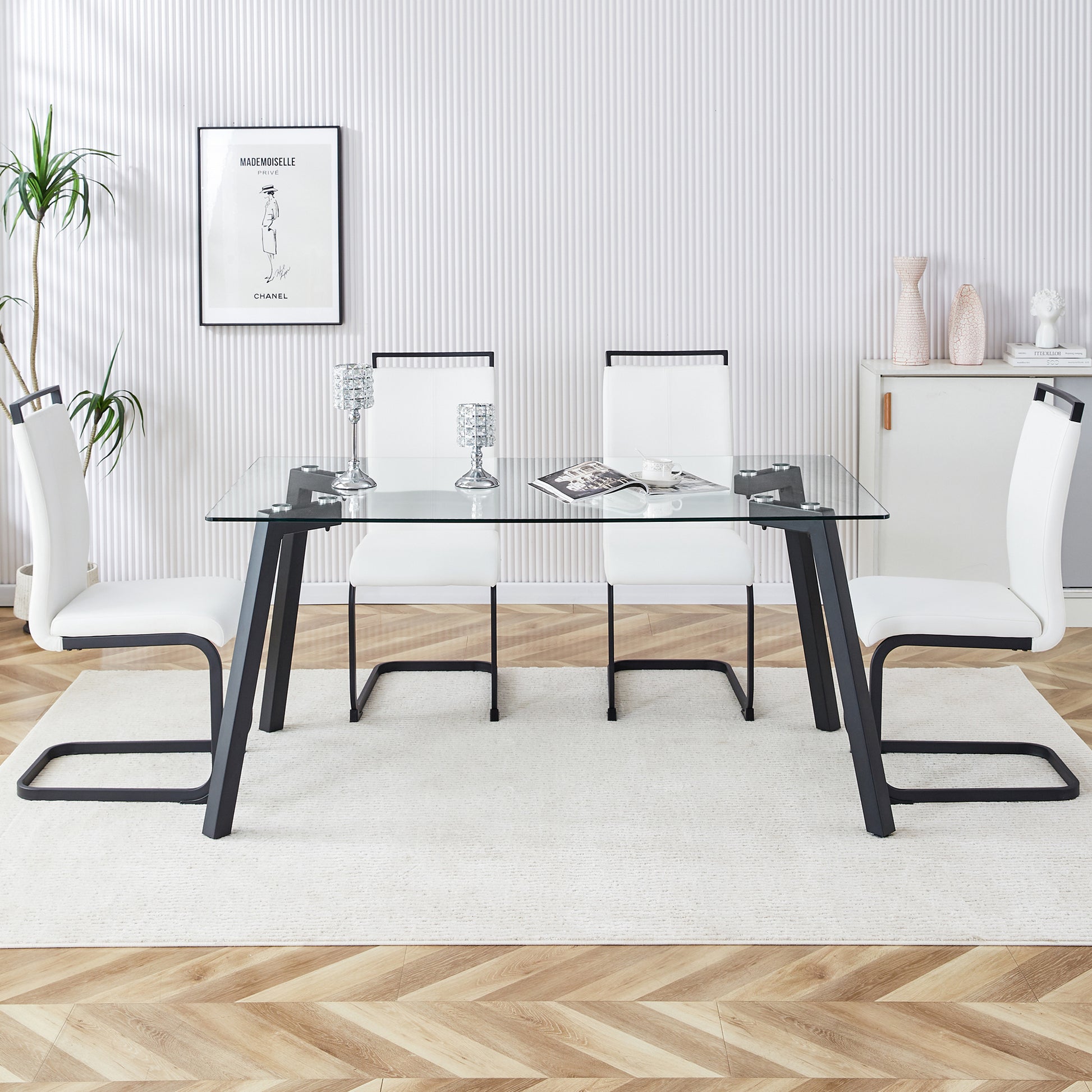 Table And Chair Set, 1 Table And 6 Chairs. Rectangular Glass Dining Table, 0.31 "Tempered Glass Tabletop And Black Coated Metal Legs. Paired With White Pu Black Leg Chairs. 1123 1162 Transparent Glass