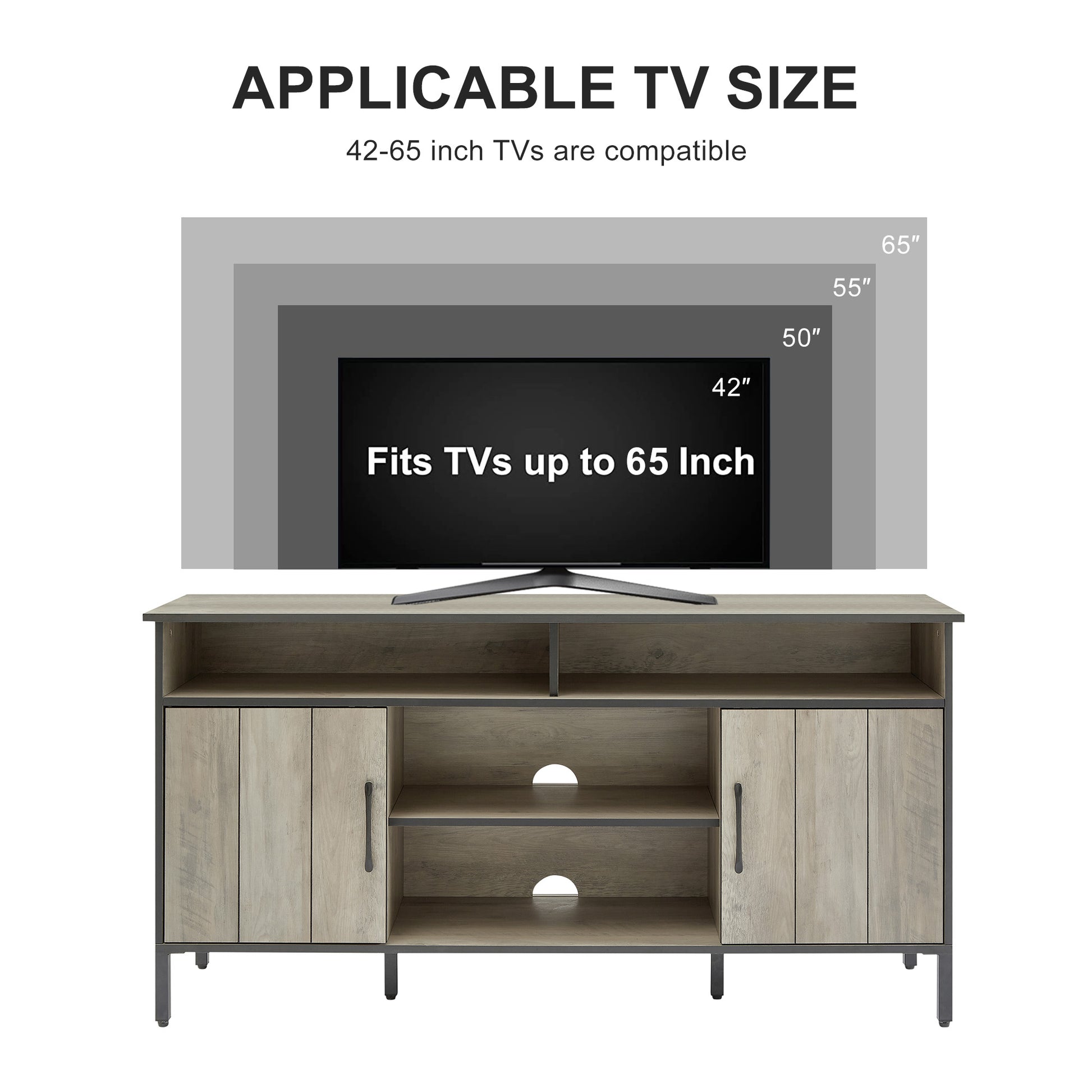 58 Inch Tv Stand And Media Entertainment Center Console With Up To 65 Inch Tv, Open Shelving And Two Storage Cabinets, Six Support Legs With Adjustable Feet,Rustic, Gray,58" X 15.7" X 29.7" Grey Particle Board