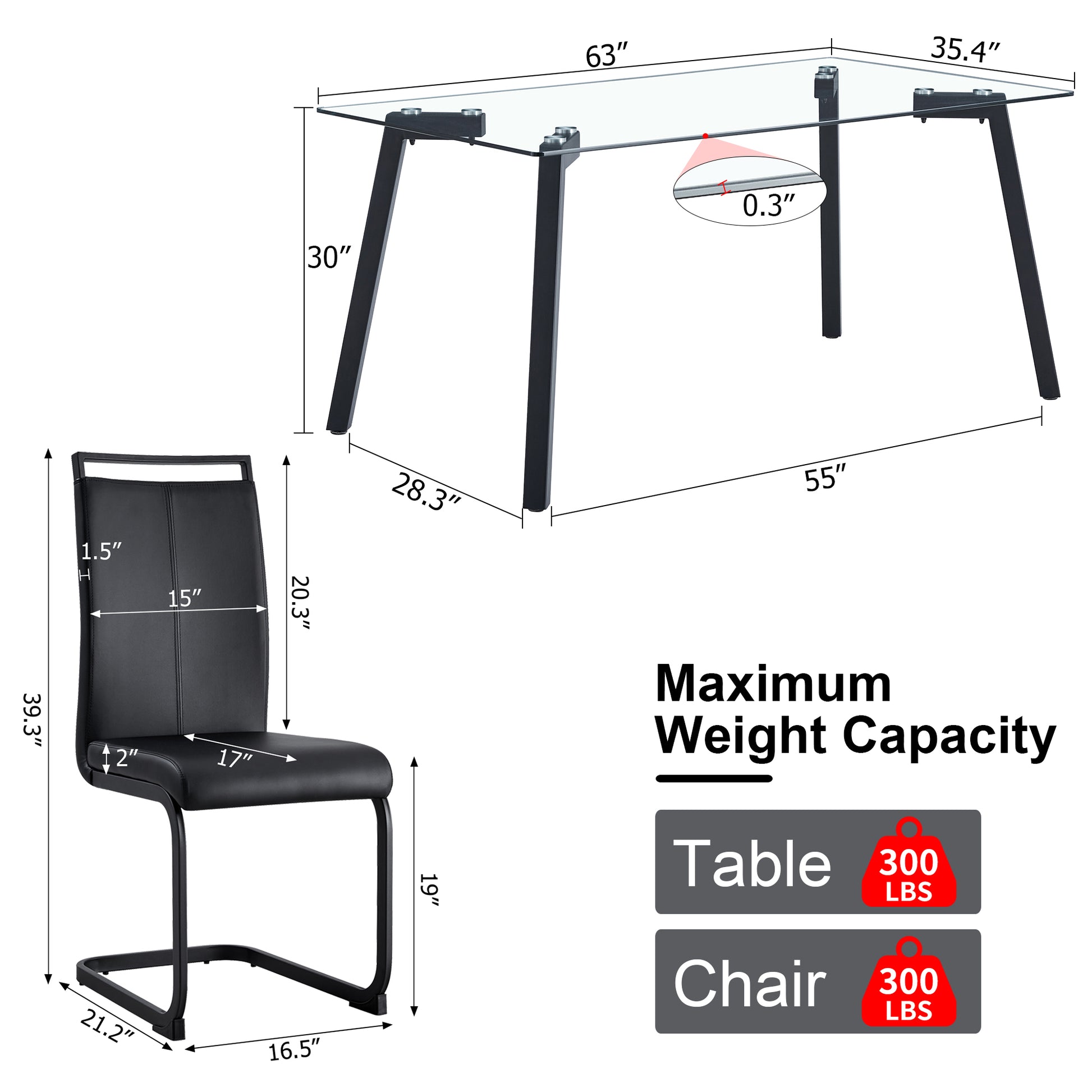 Table And Chair Set, 1 Table And 4 Chairs. Rectangular Glass Dining Table, 0.31 "Tempered Glass Tabletop And Black Coated Metal Legs. Paired With Black Pu Chairs. 1123 1162 Transparent Glass