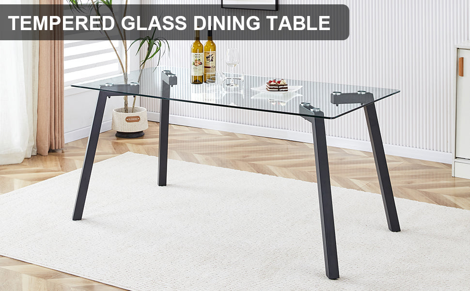 Modern Minimalist Rectangular Glass Dining Table With 0.31" Tempered Glass Tabletop And Black Coating Metal Legs, Writing Table Desk, For Kitchen Dining Living Room, 63" W X 35.4"D X 30" H 1123 Transparent Glass