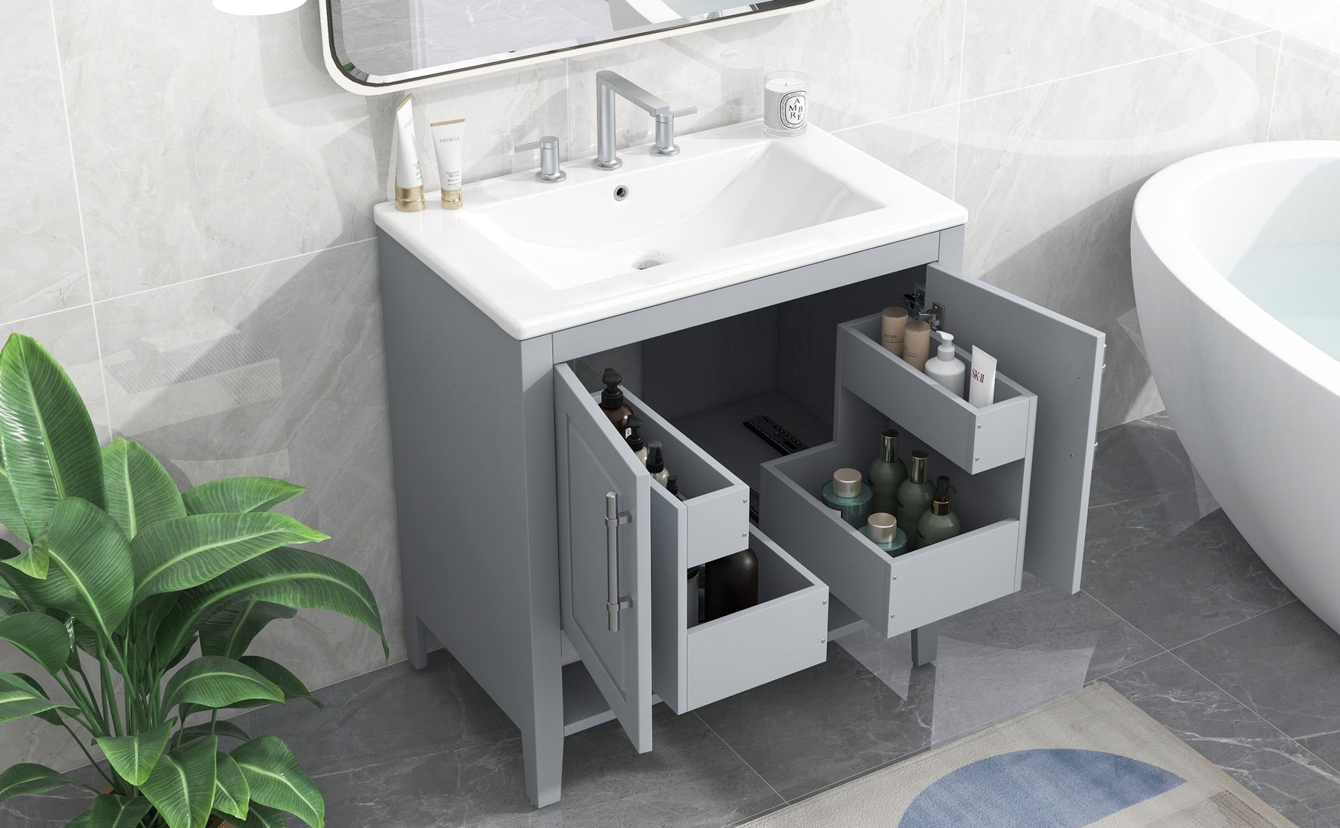 30" Bathroom Vanity With Sink, Multi Functional Bathroom Cabinet With Doors And Drawers, Solid Frame And Mdf Board, Grey Grey Solid Wood Mdf