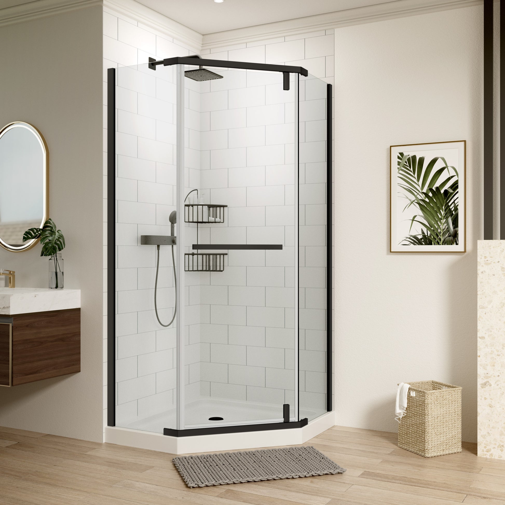 Pivot Shower Door, With 1 4" Tempered Glass, 34.75 In. X 72 In. Frameless Neo Angle Pivot Shower Enclosure In Matte Black Matte Black Bathroom Aluminium Alloy