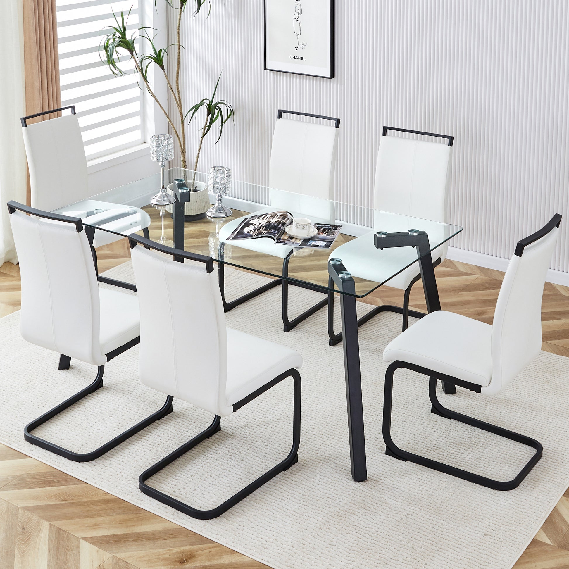 Table And Chair Set, 1 Table And 4 Chairs. Rectangular Glass Dining Table, 0.31 "Tempered Glass Tabletop And Black Coated Metal Legs. Paired With White Pu Black Leg Chairs. 1123 1162 Transparent Glass