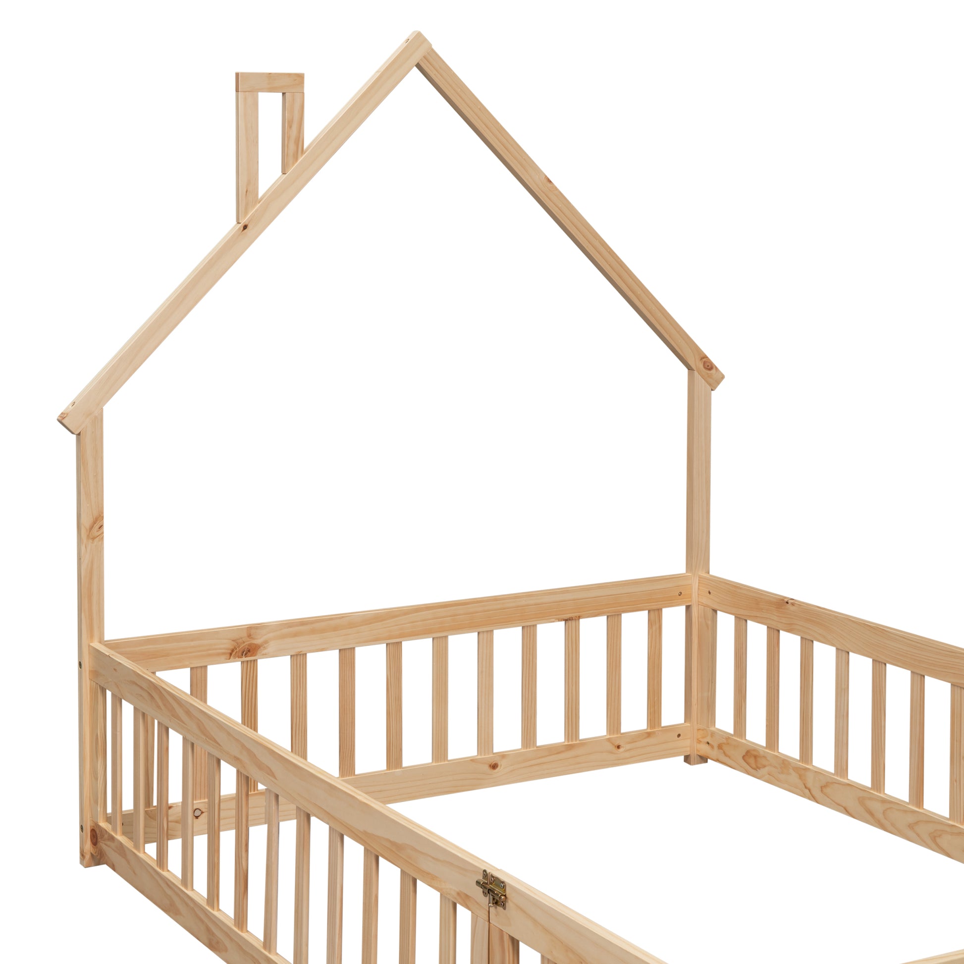Full House Shaped Headboard Floor Bed With Fence,Natural Full Natural Wood Bedroom American Design Pine Bed Frame Pine