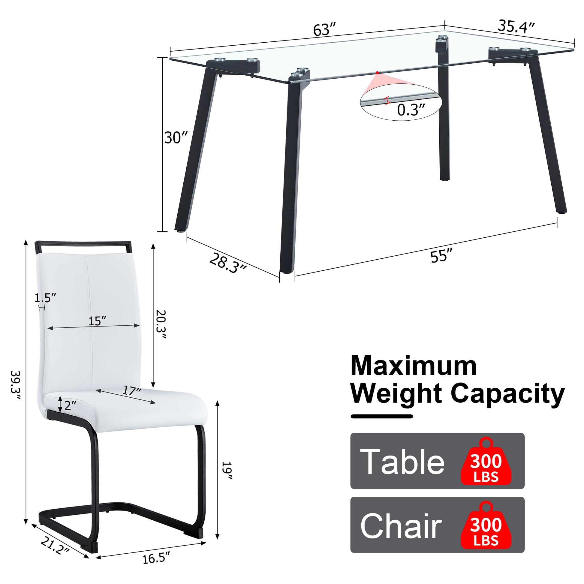 Table And Chair Set, 1 Table And 4 Chairs. Rectangular Glass Dining Table, 0.31 "Tempered Glass Tabletop And Black Coated Metal Legs. Paired With White Pu Black Leg Chairs. 1123 1162 Transparent Glass