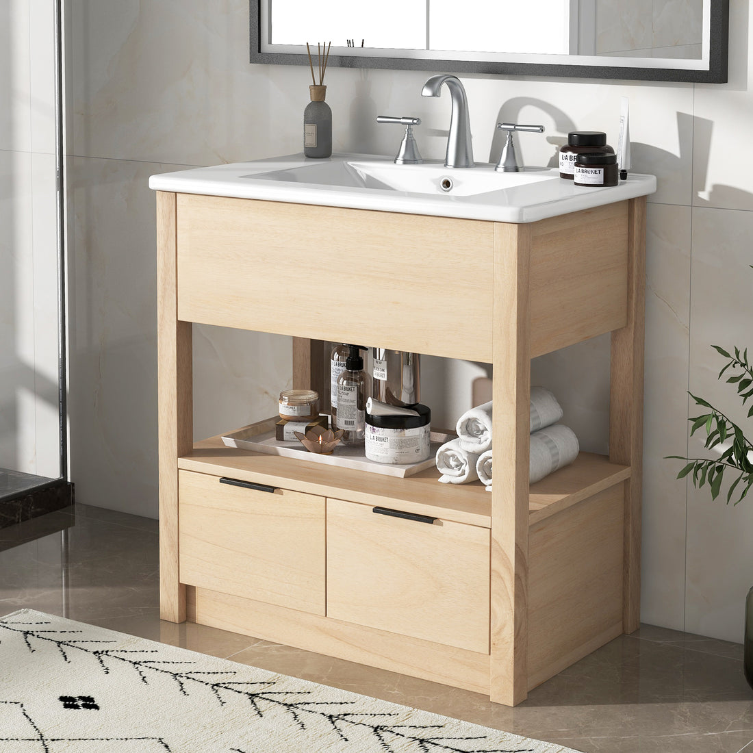 30" Bathroom Vanity With Sink Top, Bathroom Cabinet With Open Storage Shelf And Two Drawers, One Package, Natural Old Sku:Wf311619Aad Natural Solid Wood Mdf