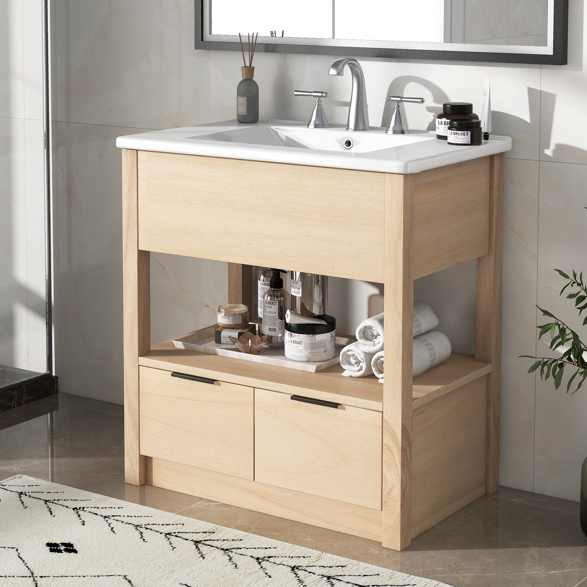 30" Bathroom Vanity With Sink Top, Bathroom Cabinet With Open Storage Shelf And Two Drawers, One Package, Natural Old Sku:Wf311619Aad Natural Solid Wood Mdf