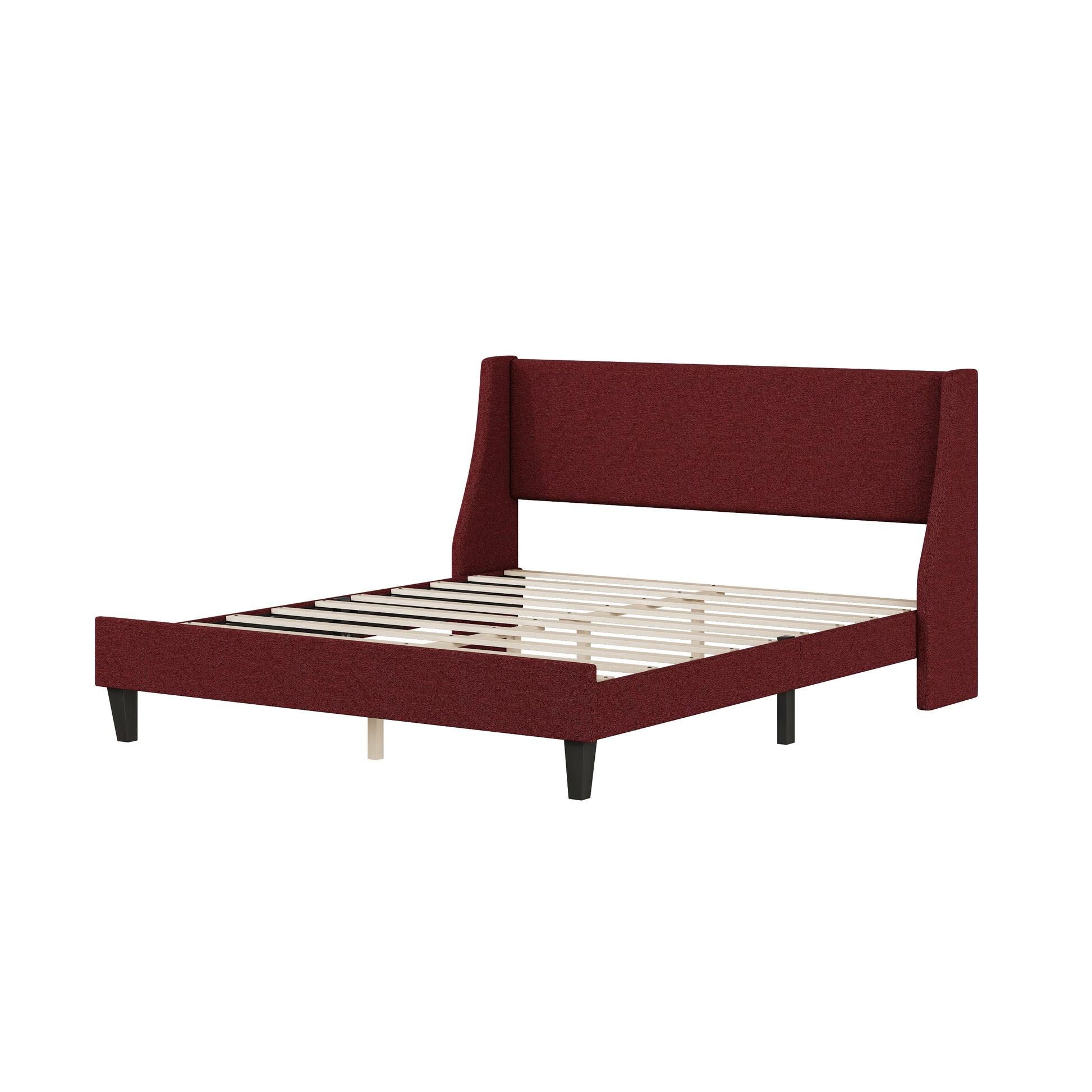 Queen Size Bedframe Upholstered Bed Frame Platform, Non Adjustable Headboard Linen Fabric Headboard Wooden Strip Support No Box Spring Easy Assembly Mattress Base, Orangequeen Queen Red Metal & Wood