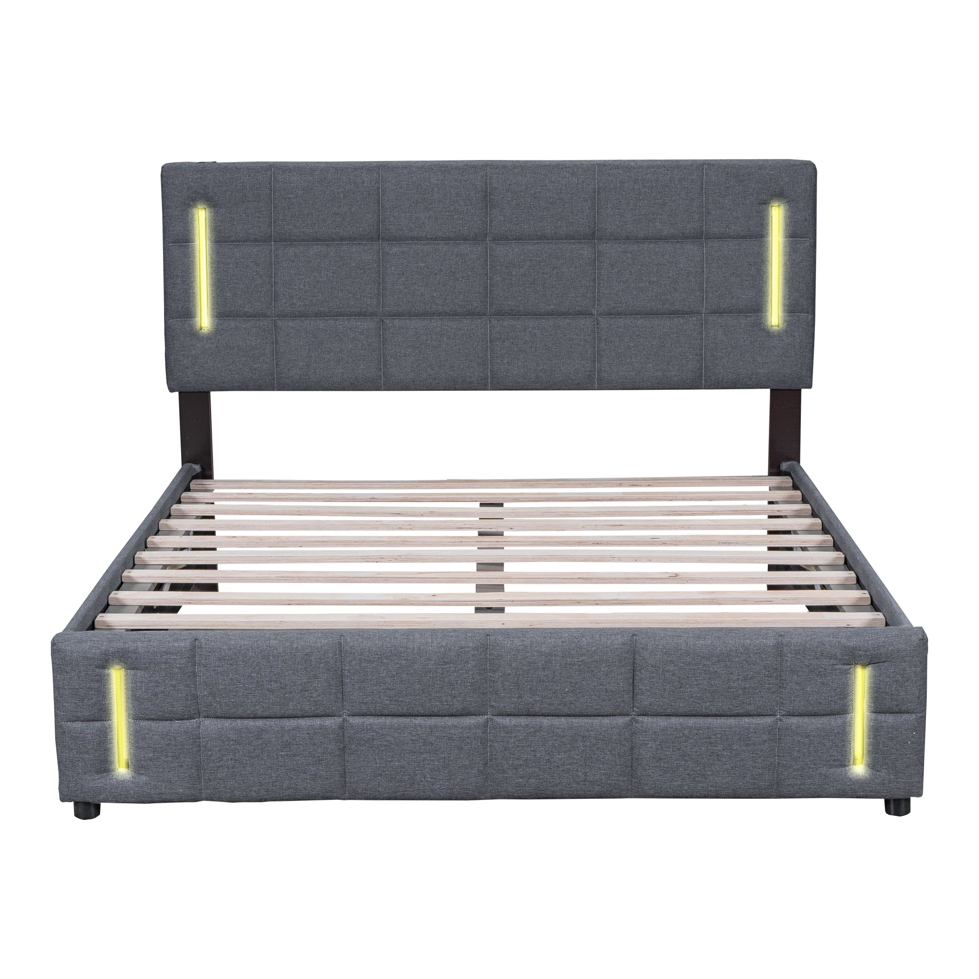 Full Size Upholstered Bed With Hydraulic Storage System And Led Light, Gray Full Gray Linen