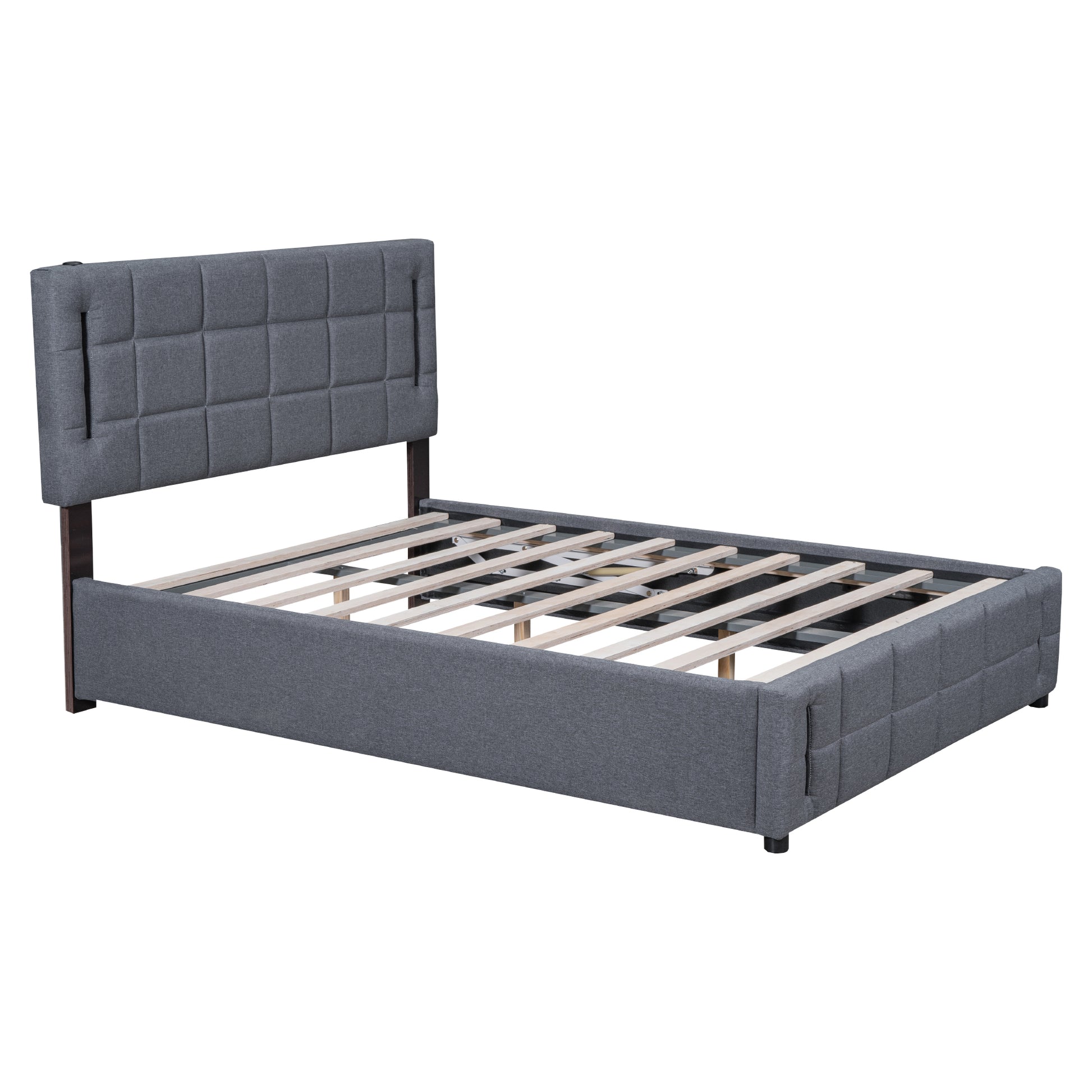 Queen Size Upholstered Bed With Hydraulic Storage System And Led Light, Gray Queen Gray Linen