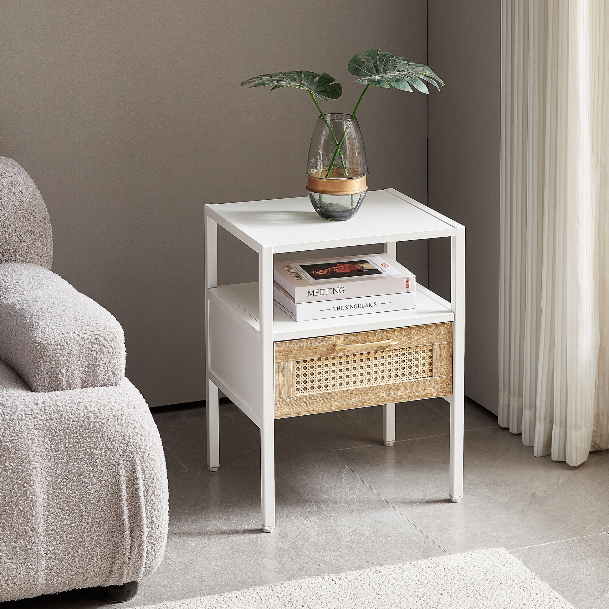 Set Of 2, 15.75" Rattan End Table With Drawer, Modern Nightstand, Metal Legs,Side Table For Living Room, Bedroom,White White Mdf Metal