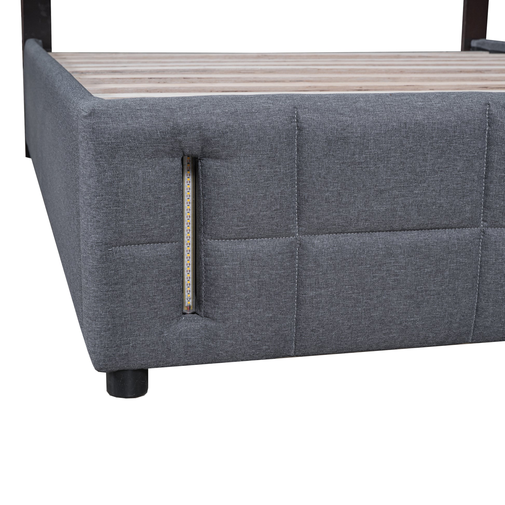 Queen Size Upholstered Bed With Hydraulic Storage System And Led Light, Gray Queen Gray Linen