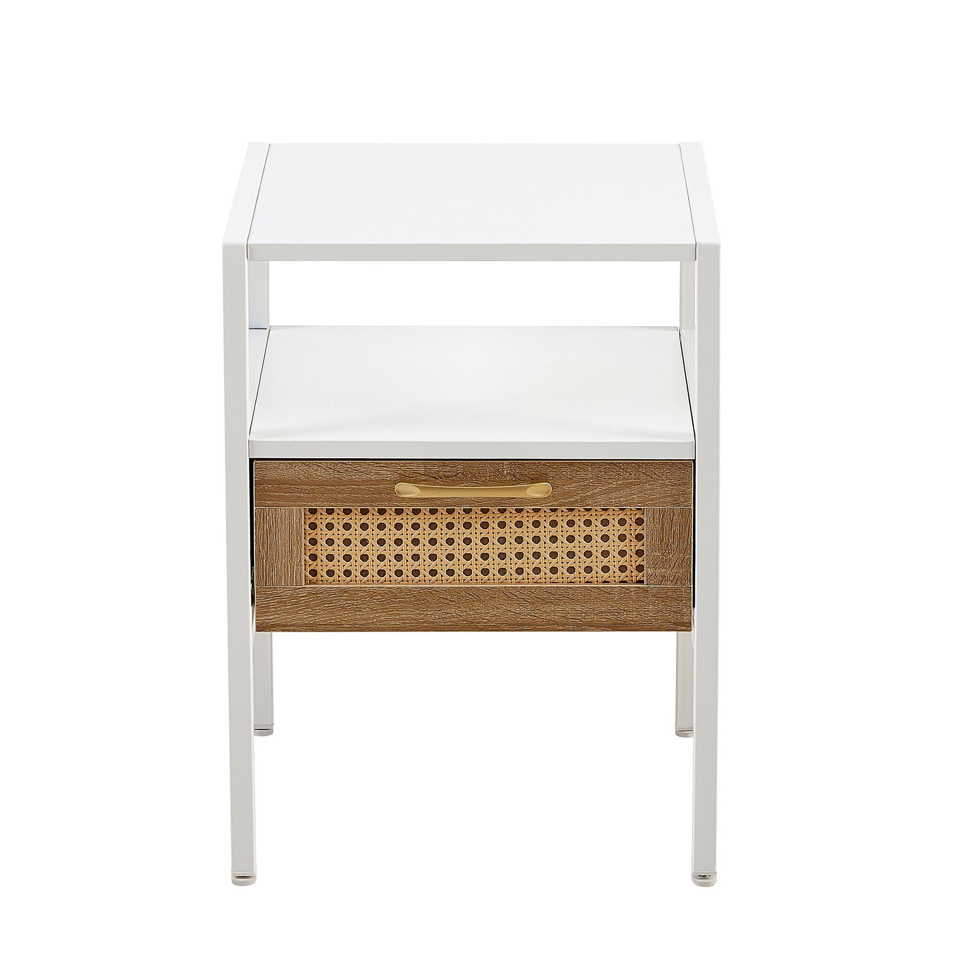 15.75" Rattan End Table With Drawer, Modern Nightstand, Metal Legs,Side Table For Living Room, Bedroom,White 1 Pc White Mdf Metal