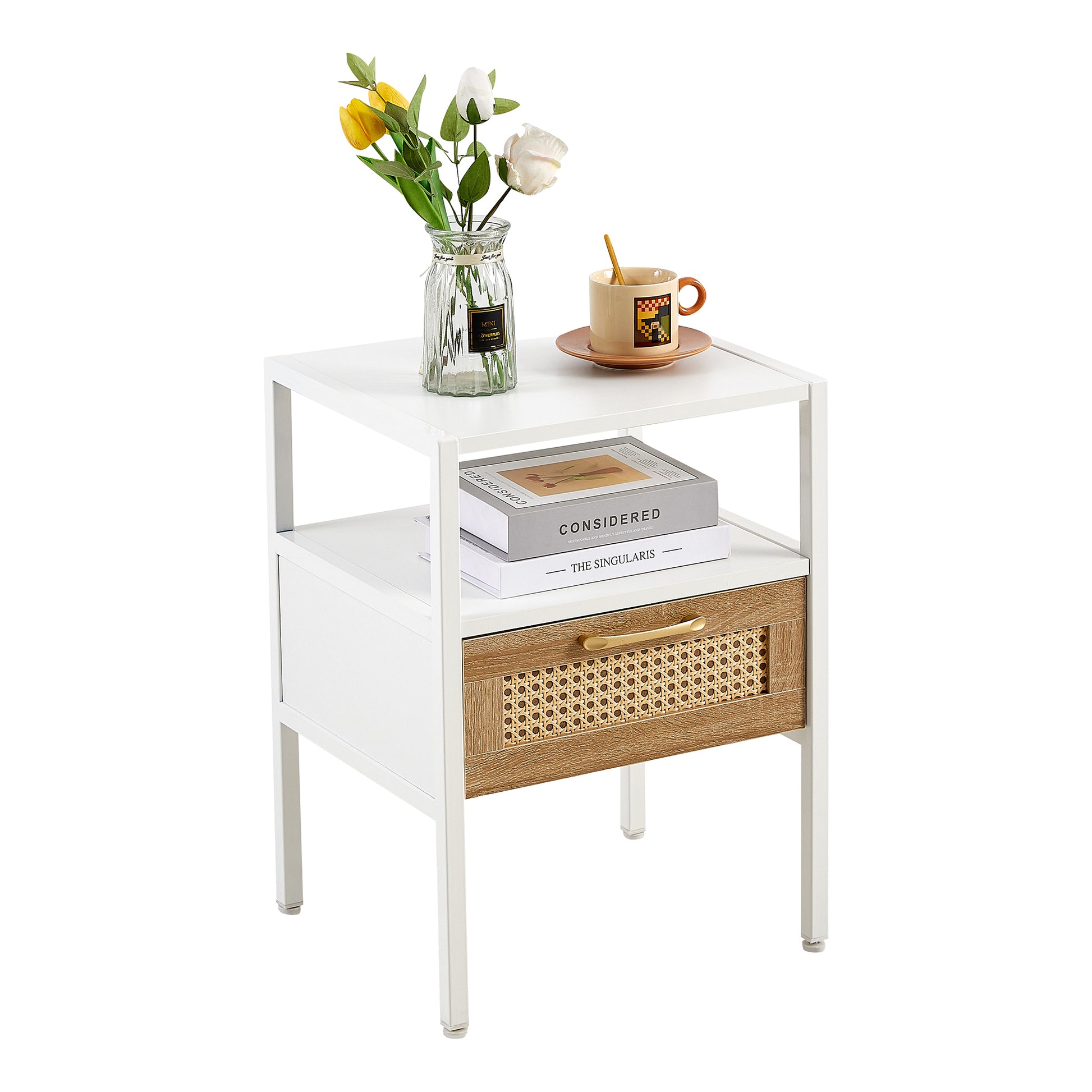 Set Of 2, 15.75" Rattan End Table With Drawer, Modern Nightstand, Metal Legs,Side Table For Living Room, Bedroom,White White Mdf Metal