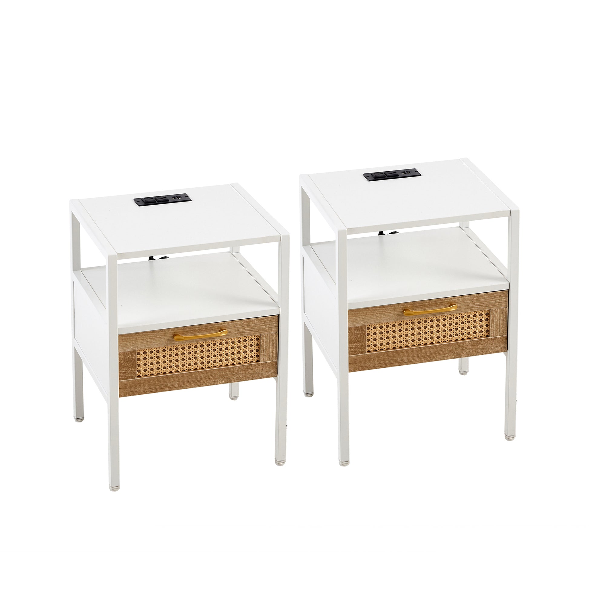 Set Of 2, 15.75" Rattan End Table With Power Outlet & Usb Portsmodern Nightstand With Drawer And Metal Legs, Side Table For Living Room, Bedroom,White White Mdf Metal