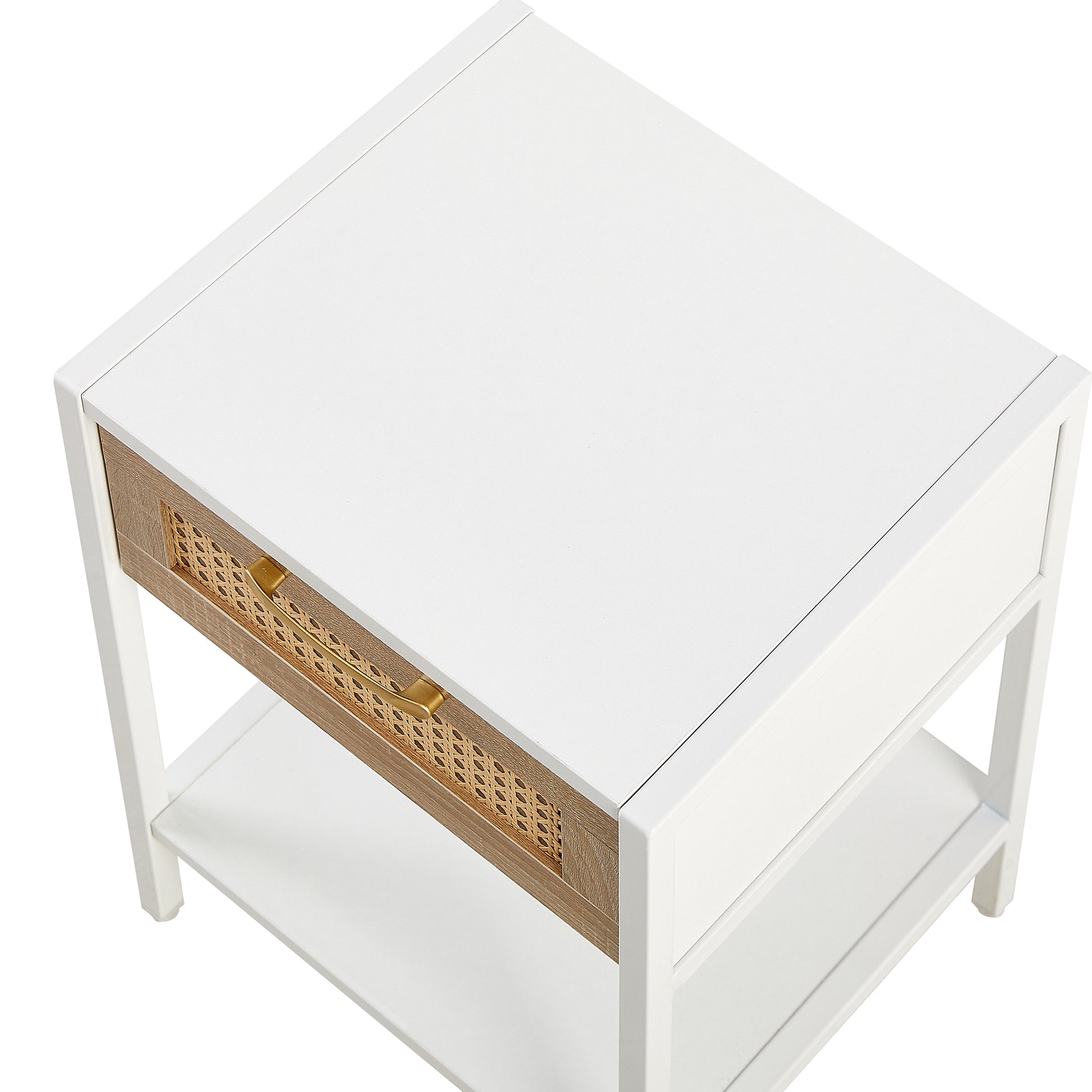 15.74" Rattan End Table With Drawer, Modern Nightstand, Metal Legs,Side Table For Living Room, Bedroom,White 1 Pc White Mdf Metal